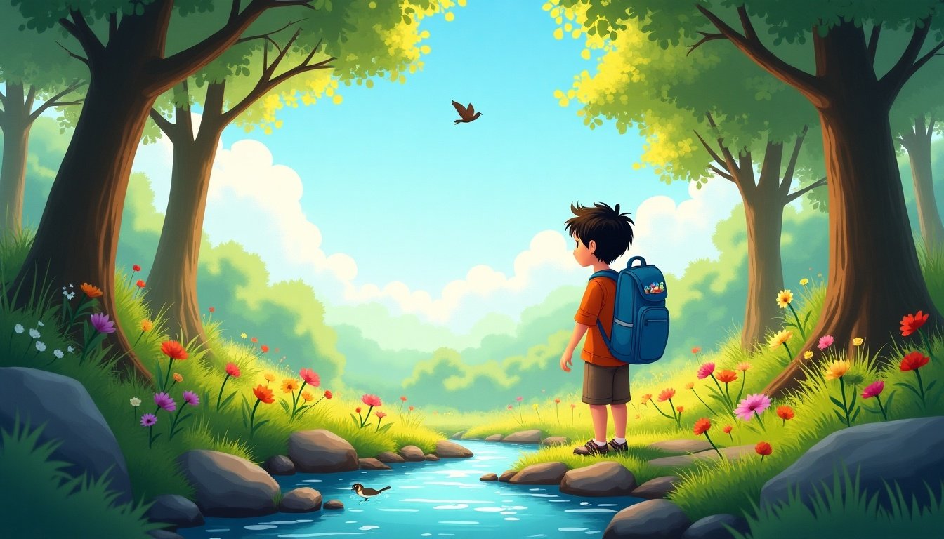 A cheerful boy explores a lush forest. He wears a blue backpack and stands by a clear stream surrounded by colorful flowers and tall trees. Birds are visible in the sky. It is a bright sunny day.