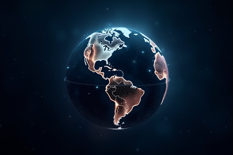 A glowing globe floats in a dark starry sky. The globe represents Earth. It has faint glowing lines connecting points on its surface. This symbolizes decentralized networks. A sleek design showcases a modern aesthetic.