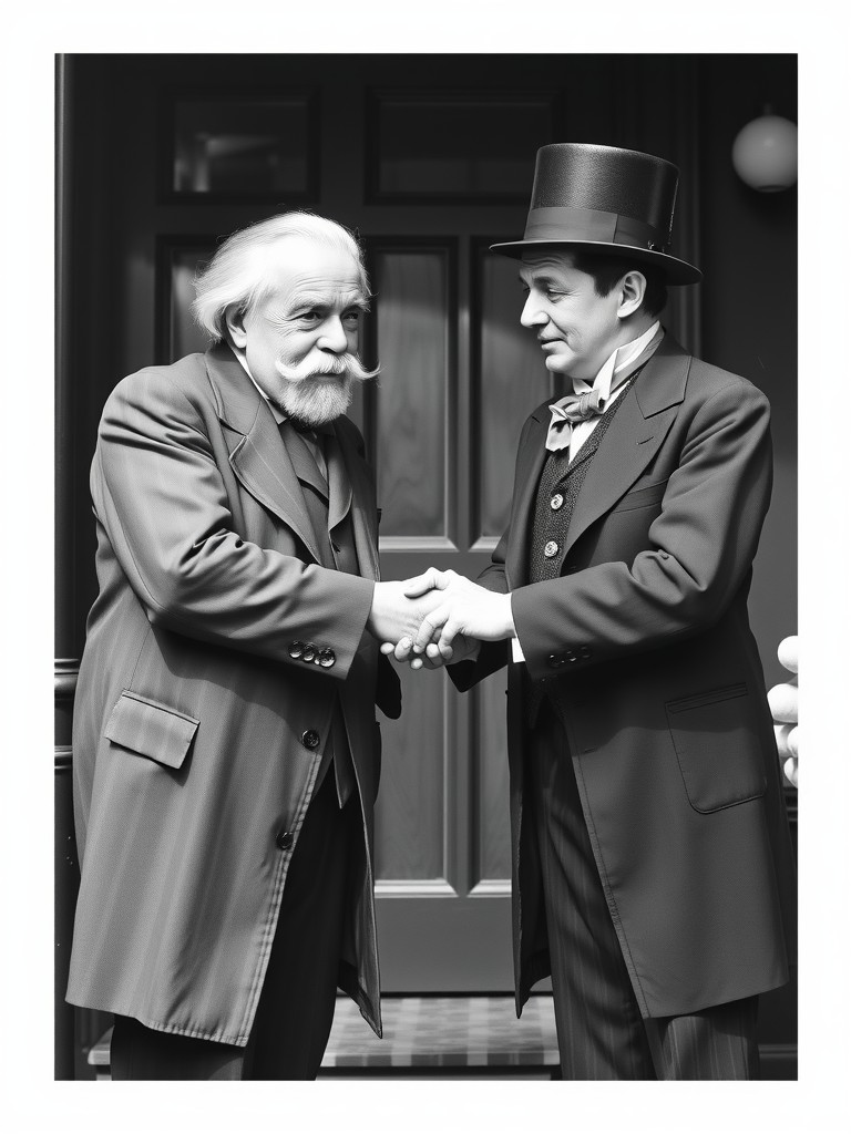 Two men in formal attire share a handshake in a classic, black-and-white photograph.