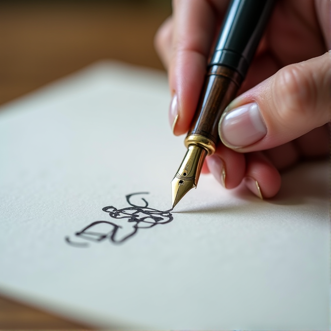 A hand is writing with an elegant fountain pen on paper.