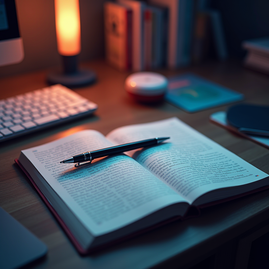 An open book with a pen resting on its pages sits on a wooden desk, softly illuminated by a warm lamp, with a keyboard in the background.