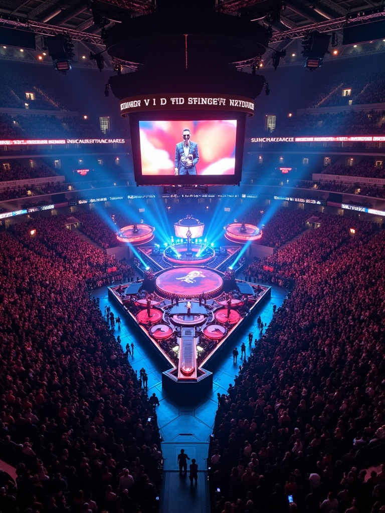 Travis Scott performs in Madison Square Garden. The concert features a 360-stage design. The view is captured from a drone above the audience. The atmosphere is electric with colorful lighting and a large crowd.