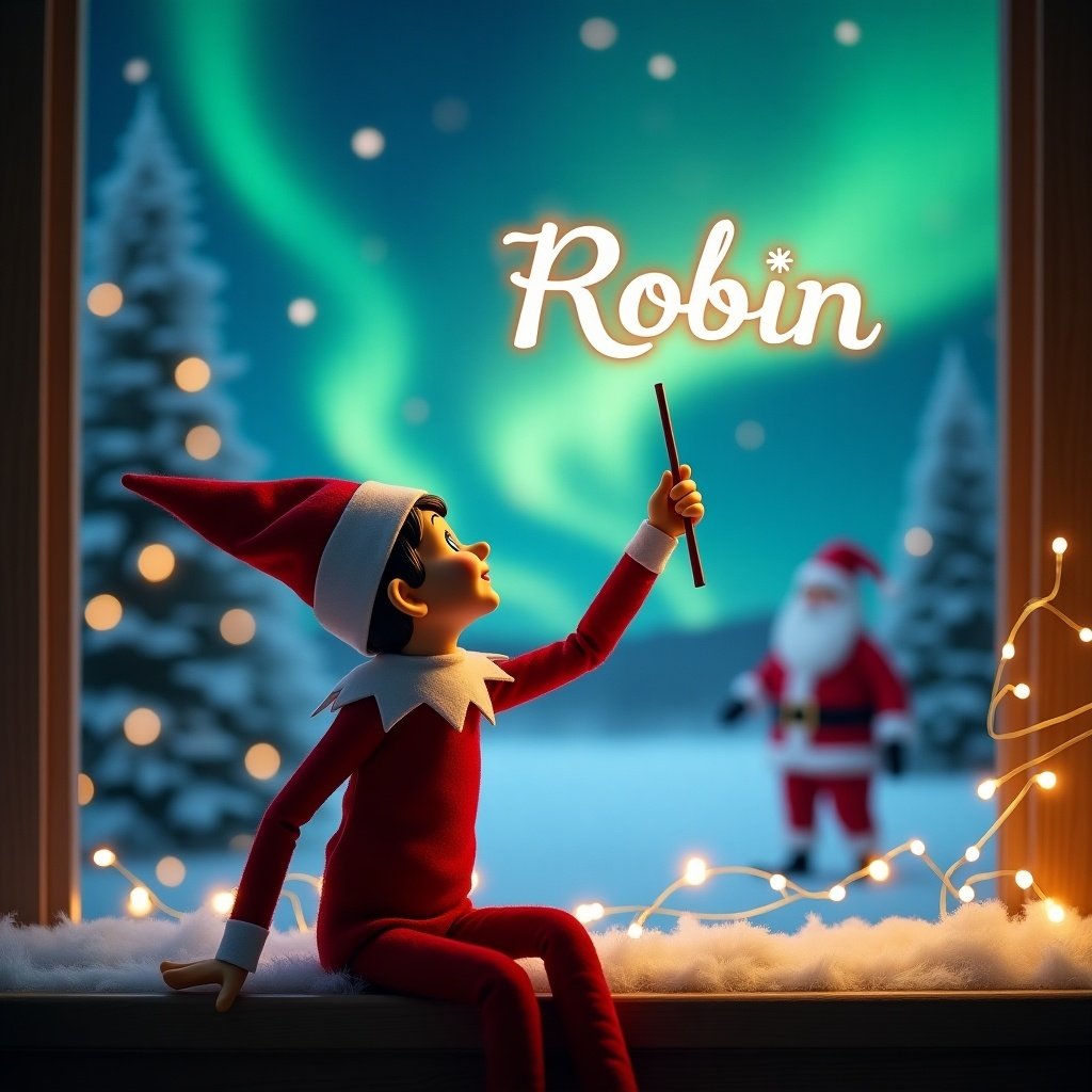 Elf on the shelf faces sky. Uses wand to write in air. Background features magical Christmas scene with northern lights. Santa appears in background. Elf writes name 'Robin' elegantly.