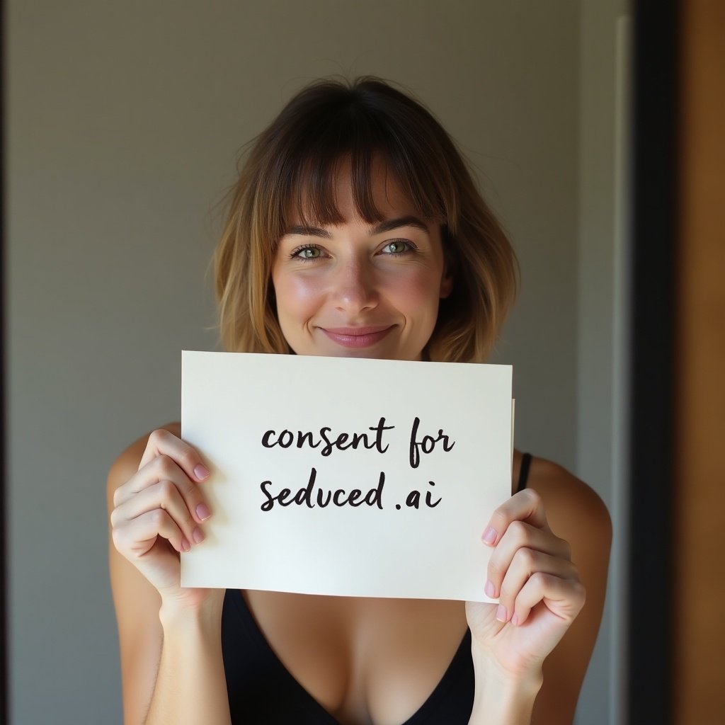 Image of a person holding a piece of paper in front of a mirror. The paper has a handwritten note stating 'consent for seduced.ai'. The person's arm and hand are clearly visible, with a neutral indoor background and soft lighting. The paper is the main focus.