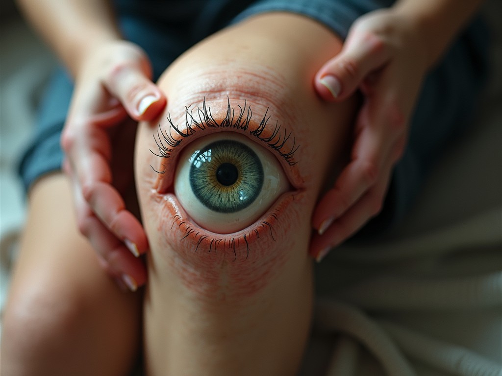 This surreal image features a human knee with a large, realistic human eye where the kneecap should be. The intricate details of the eye, including the eyelashes and iris, create a striking and unusual visual. Hands gently cradle the knee, adding a sense of care and intimacy to the surreal scene.