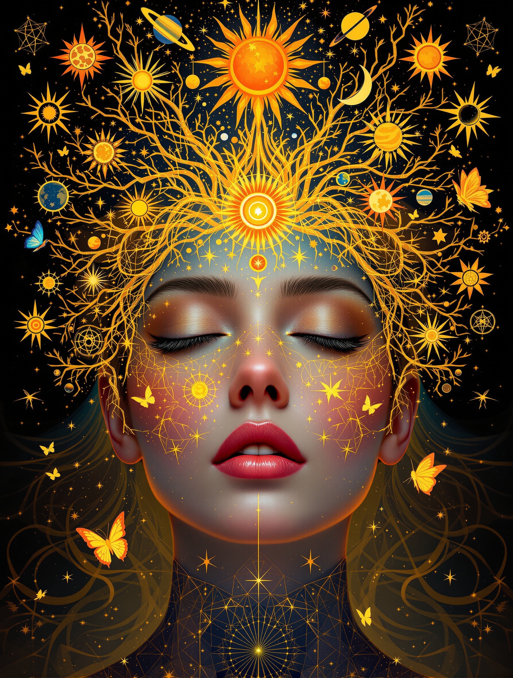 Surreal digital portrait of a serene woman with closed eyes. Face adorned with intricate golden cosmological symbols. Symbols grow from her forehead like branches. Include suns, moons, planets, and butterflies. Use gold blue orange color palette. Dark background accentuates vibrant colors. Overall mood is mystical dreamlike evoking wonder introspection.