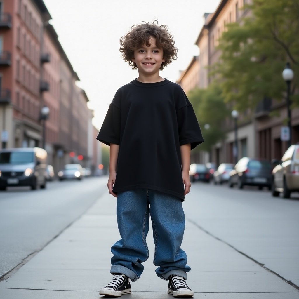 A boy with curly hair wearing a black oversized shirt and blue baggy jeans. He stands in the middle of a street with cars in the background. The setting is urban and casual.