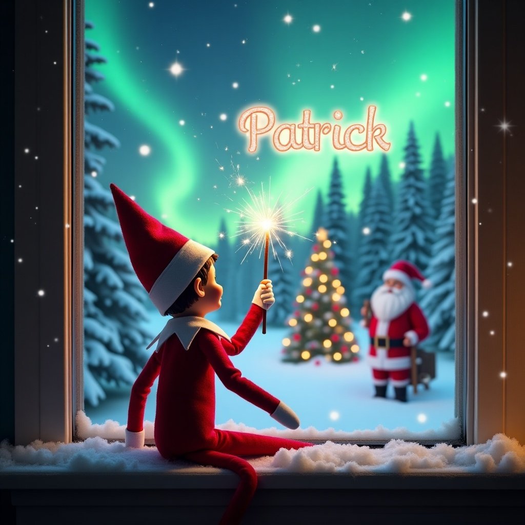 The image features an adorable elf on the shelf sitting on a window ledge, with his back turned to the viewer. He is using a magical wand to create twinkling sparks while looking up at a stunning display of northern lights. The background is set in a winter wonderland, filled with snow-covered pine trees, conjuring a festive holiday feel. Dressed in a vibrant red outfit with white trim, the elf embodies the Christmas spirit. The scene is illuminated by the enchanting colors of the aurora borealis, enhancing the magical ambiance. The elf is writing the name 'Patrick' in sparkling letters above, with Santa Claus and a Christmas tree in the background.