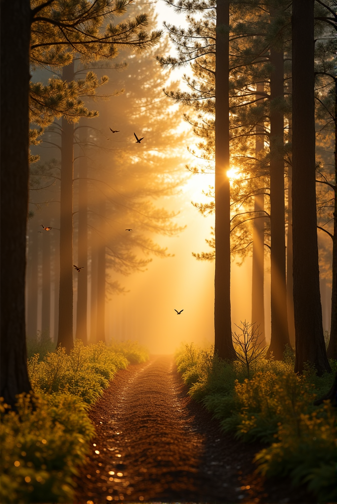 A sunlit forest path lined with tall trees and lush vegetation, with birds flying through the golden glow.