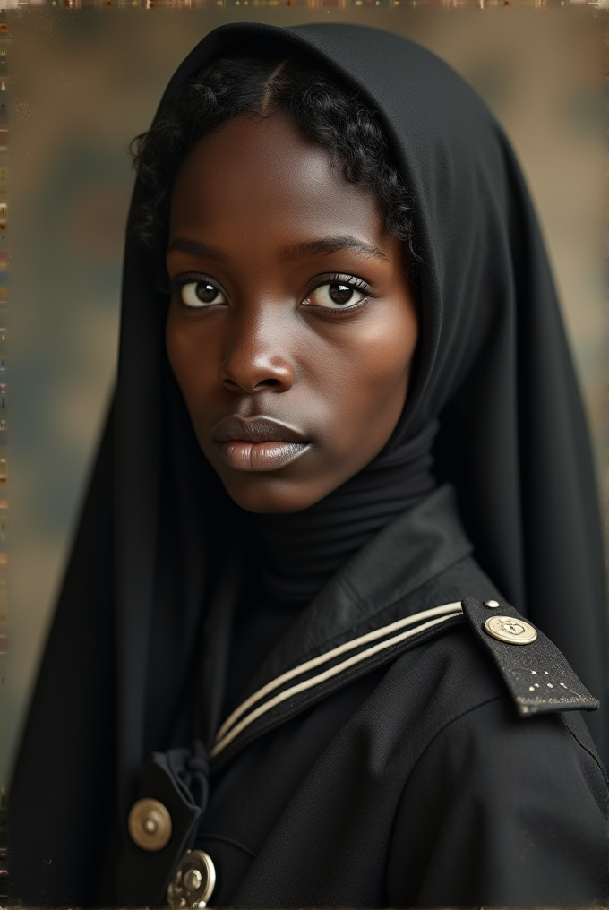 A person with deep, expressive eyes wears a black headscarf and coat, gazing intently.