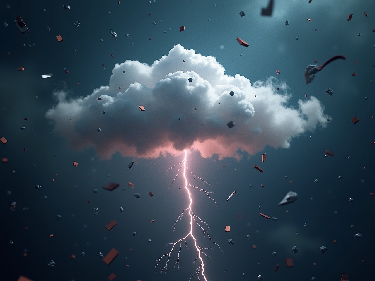 A digital artwork showcasing a small storm cloud surrounded by vivid lightning. The cloud appears ominous, with flashes illuminating the scene. The environment is filled with metal scraps flying both inside and around the cloud, creating a sense of chaos. The overall color palette is dark, emphasizing the dramatic nature of the storm. This artwork captures the essence of a fierce and dynamic weather event, evoking a feeling of awe and intensity.