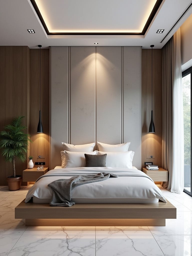 Contemporary bedroom features neutral color palette. Platform bed made of oak finish. Wall panel textured to resemble concrete. Geometric drop lights on each side. False ceiling with recessed lighting. Elegant luxurious feel enhanced by marble flooring. Two potted plants bring greenery into space.