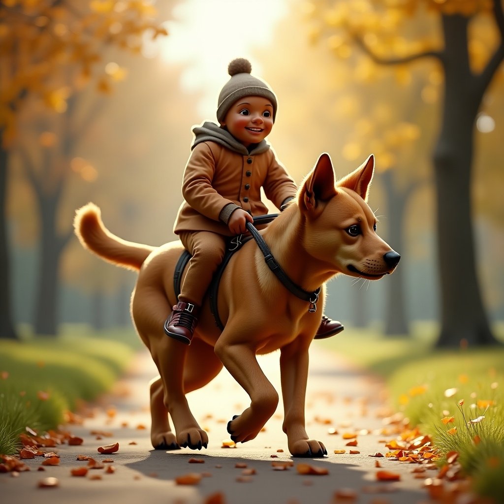 A gingerbread man riding on a dog's back. The scene is set in a park with soft lighting. The child enjoys a joyful moment outdoors, showcasing companionship with the dog.