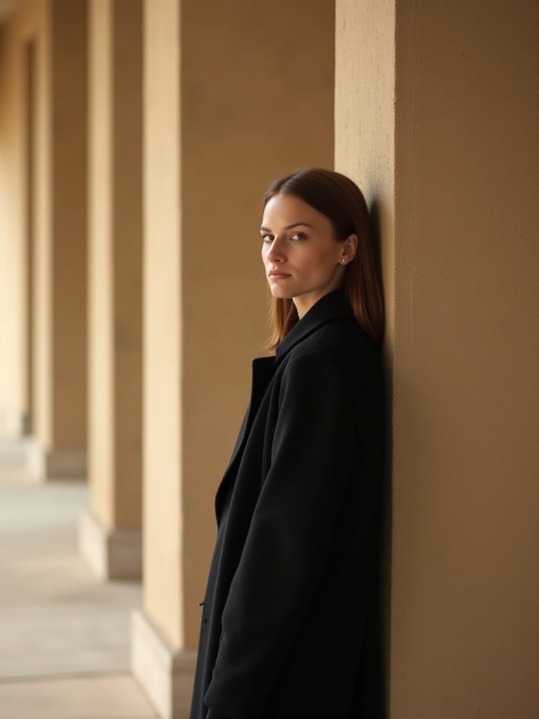 A person in a black coat leaning against a column in a hallway, exuding a contemplative mood.