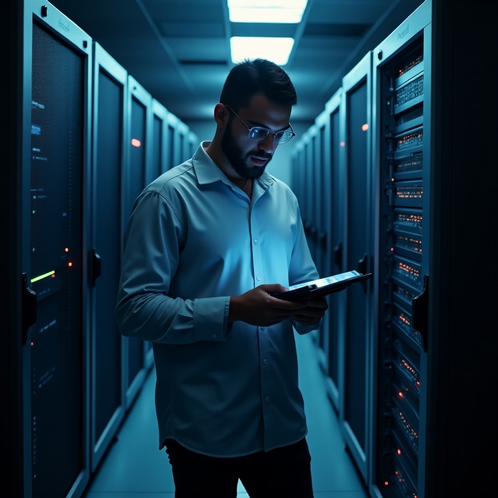 This image features a chill guy working in a data center. He is focused on his tablet, surrounded by rows of servers. The environment is illuminated with blue lights, creating a modern and tech-savvy vibe. The setting emphasizes a relaxed yet professional atmosphere. It captures the essence of the contemporary IT worker's life, showcasing the integration of technology in everyday tasks.