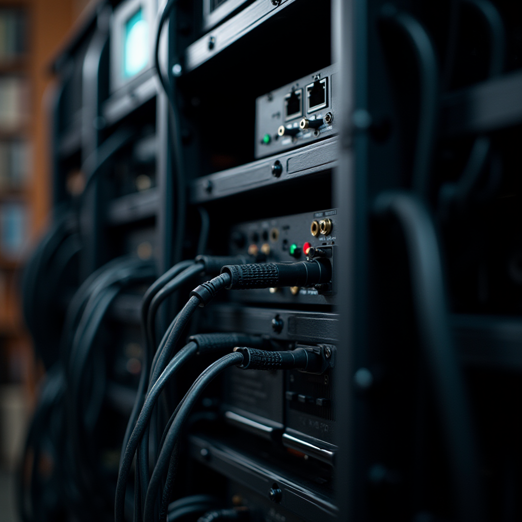 A close-up view of a server rack filled with cables and network equipment.