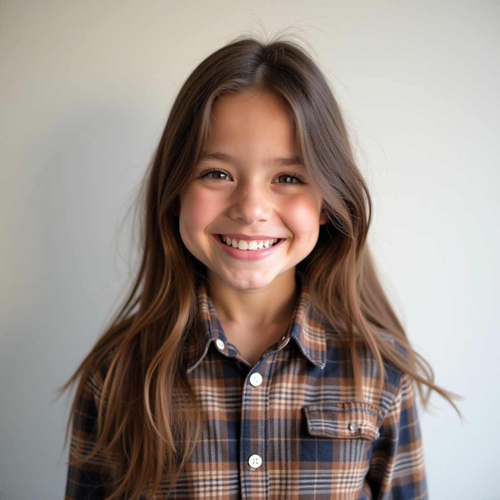 This image features a cute girl with a bright smile. She appears to be around 18 years old, standing in front of a plain background. Her hair is long and loose, adding to her youthful look. She wears a button-up plaid shirt that complements her cheerful demeanor. The lighting is soft, enhancing her natural beauty and inviting personality.