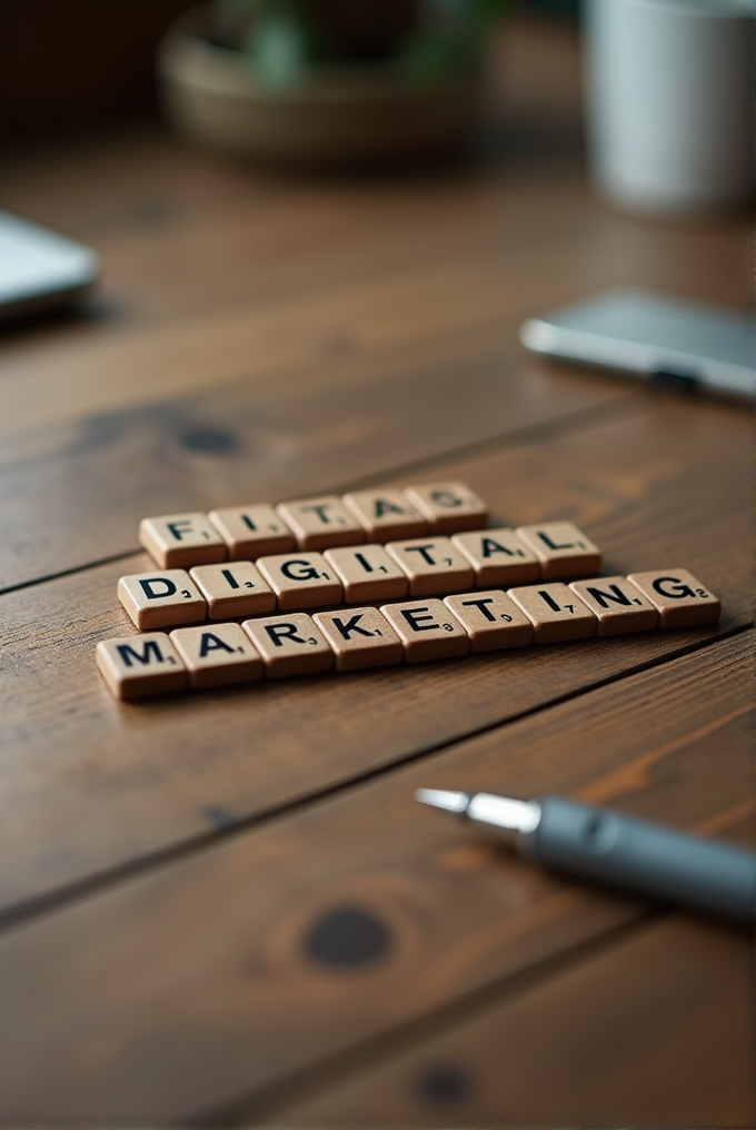 A close-up of Scrabble tiles spelling 'FITAS DIGITAL MARKETING' on a wooden desk surrounded by a pen and blurred background objects.