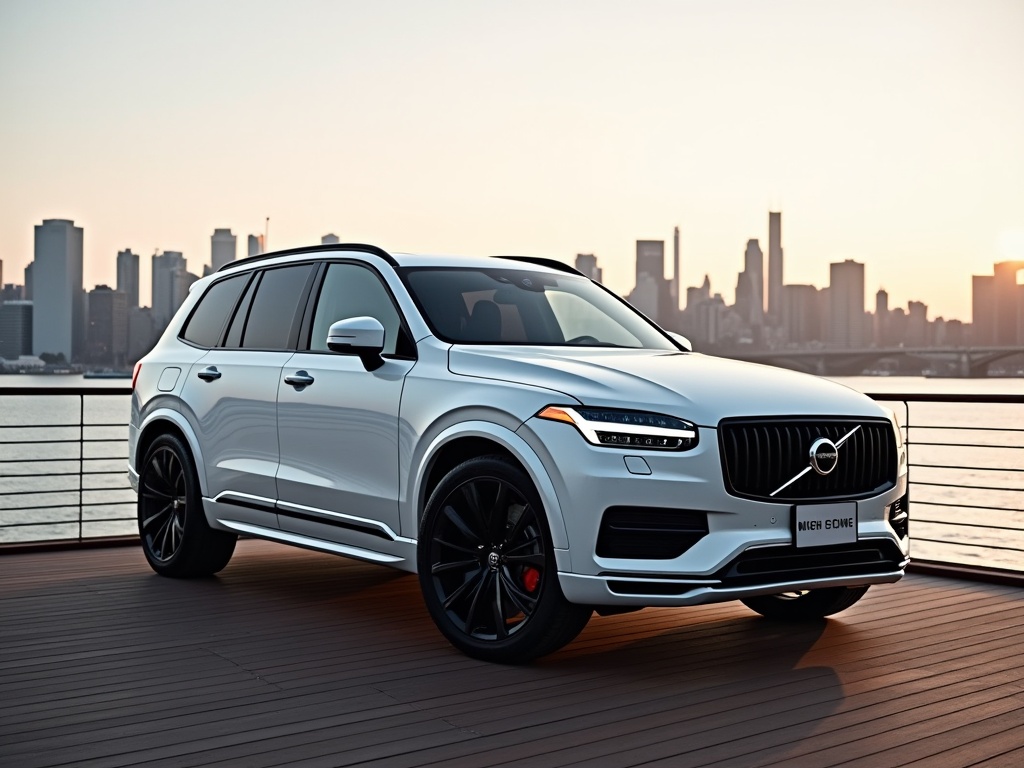 The image features a luxurious white SUV parked on a wooden deck overlooking the water. The vehicle has a sleek, modern design with bold lines and stylish wheels. In the background, the skyline of a city is visible, indicating a metropolitan setting. The sky has a warm tint, suggesting either dawn or dusk, creating a serene atmosphere. The combination of the vehicle and the scenic view highlights a lavish lifestyle.