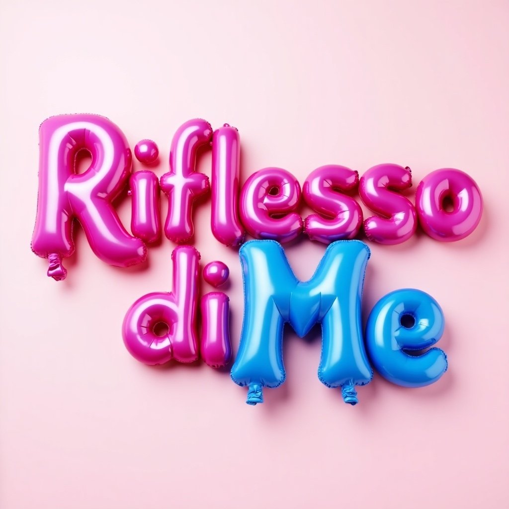 Large 3D balloon-like letters display the words Riflesso di Me. Words in vibrant pink and bright blue colors. Pink background creates a playful effect. Reflective letters resemble glossy plastic