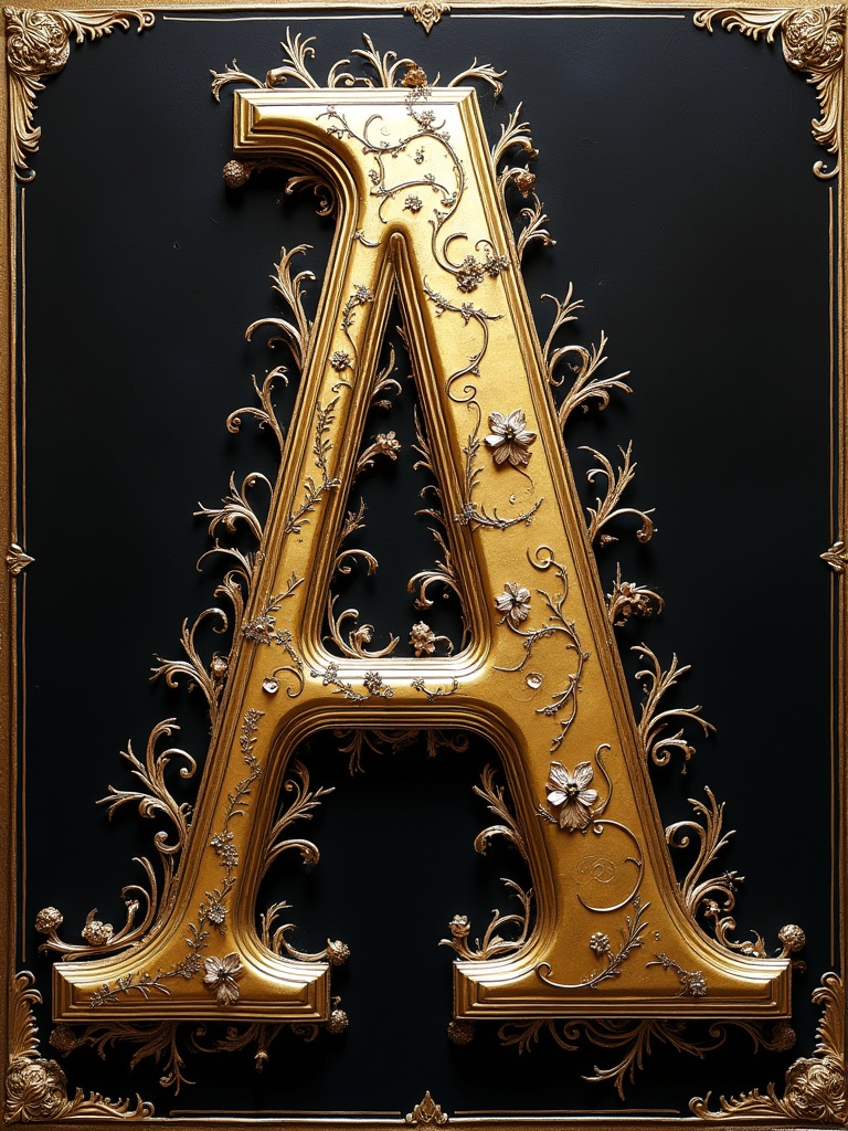 Decorative letter A with intricate brass and silver floral designs. Black background highlights the ornamentation.