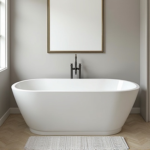 A modern freestanding white bathtub in a minimalist bathroom. Soft natural light entering through large windows. Neutral toned wall and floor featuring light wood herringbone pattern.