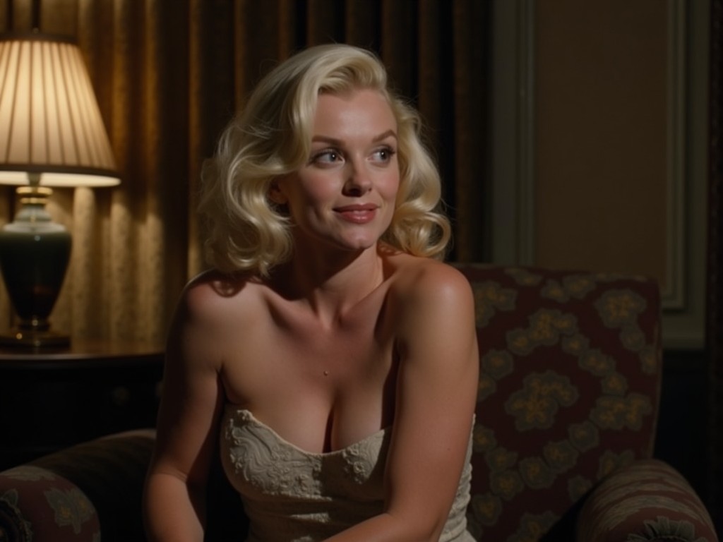 The image captures a classic portrait of a woman with vintage Hollywood glamour. She is seated in a plush armchair, wearing a strapless gown, and the soft, diffused lighting from a nearby lamp casts gentle shadows, enhancing the retro feel. Her expression exudes confidence and poise, matching the sophisticated decor of the room.