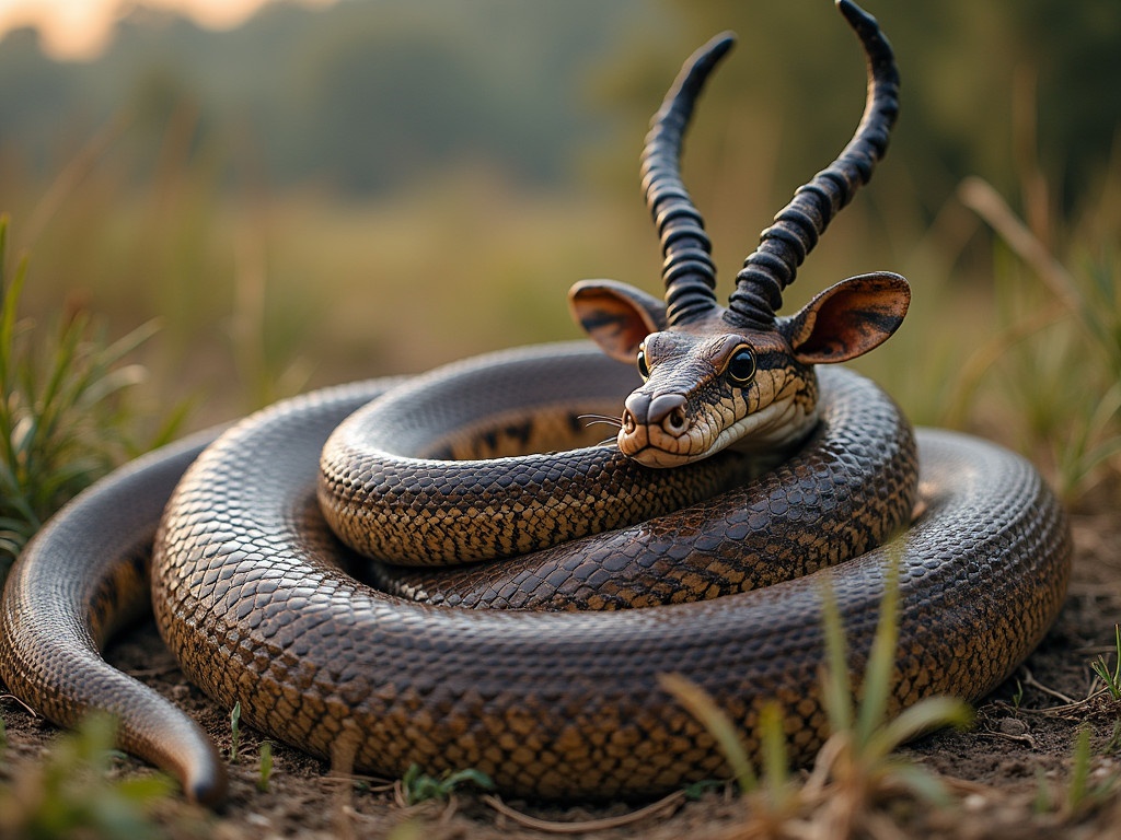 An enormous python coiled around an antelope. The snake has a realistic texture with intricate patterns. It is positioned on the ground in a natural setting surrounded by grass and soft sunlight. The scene conveys a sense of wildlife drama and predation.