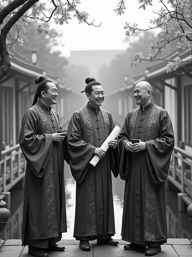 A black-and-white photograph features three Qing Dynasty scholars in a historic Shanghai setting. Two middle-aged men wear silk robes with patterns—one holds a bamboo scroll, another a fan. A younger scholar holds a teacup and smiles. The background includes traditional architecture with plum blossoms and bamboo.