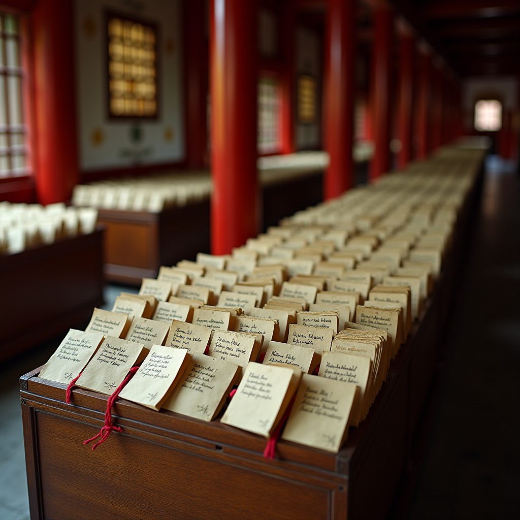 Rows of traditional paper packets with inscriptions arranged in a historic setting.