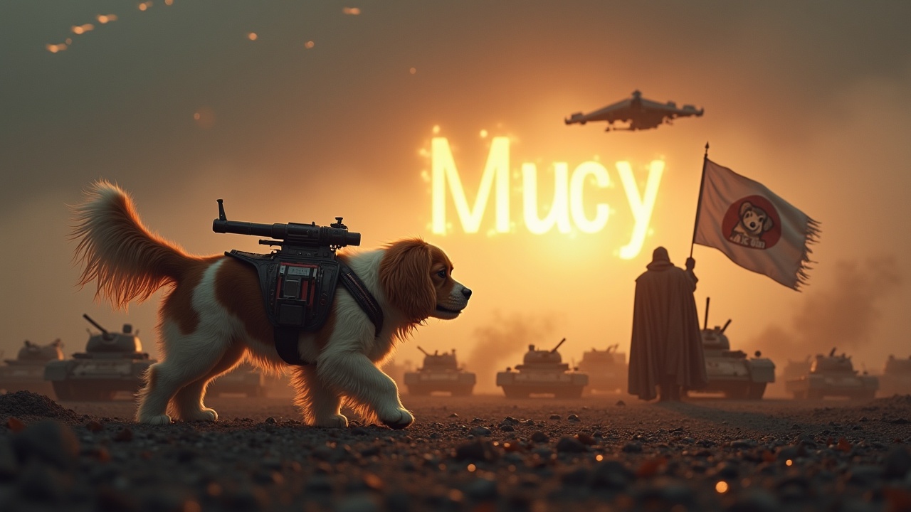 In a gloomy and dark setting, a fluffy brown and white cavalier king charles spaniel walks across a desolate battlefield. A futuristic weapon is strapped to its back, adding a unique twist to its appearance. Nearby, a cloaked figure stands valiantly, holding a flag with a dog emblem, symbolizing hope. The background features numerous small soldiers and tanks, blending into the shadows of the battlefield. The sky is dramatically lit by the bright rays of the sun, contrasting the darkness below. A jet fighter zooms overhead, enhancing the sense of action. In fiery writing, the text 'Mucy' boldly stands out against the scene.