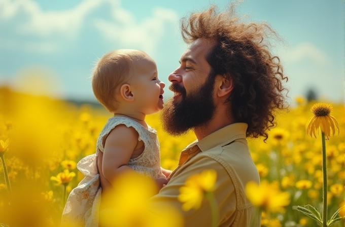 A joyful bearded man holds a baby, smiling at each other amidst a vibrant field of yellow flowers under a blue sky.