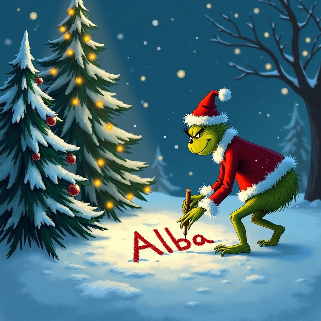 The Grinch writes the name Alba in snow outside. Snowy landscape has Christmas trees with twinkly lights.