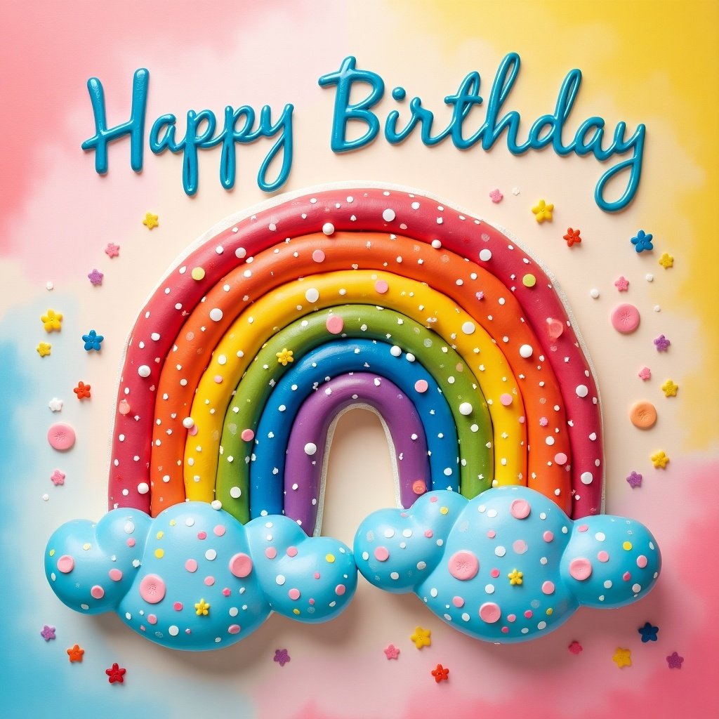 Rainbow themed birthday design with bright colors and fun elements.