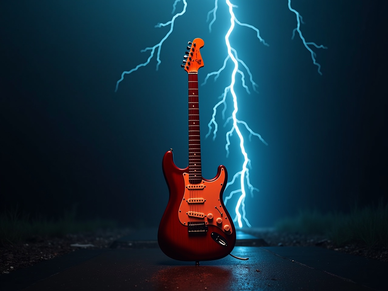 An electric guitar stands heroically in a dramatic thunderstorm setting. The scene is illuminated by striking bolts of lightning, highlighting the sleek curves of the guitar. The background is a dark, moody blue, creating a stark contrast with the vibrant crimson of the guitar. This image evokes the power of music intertwined with nature's fierce energy. It's an imaginative representation of how music can capture the essence of dramatic moments.