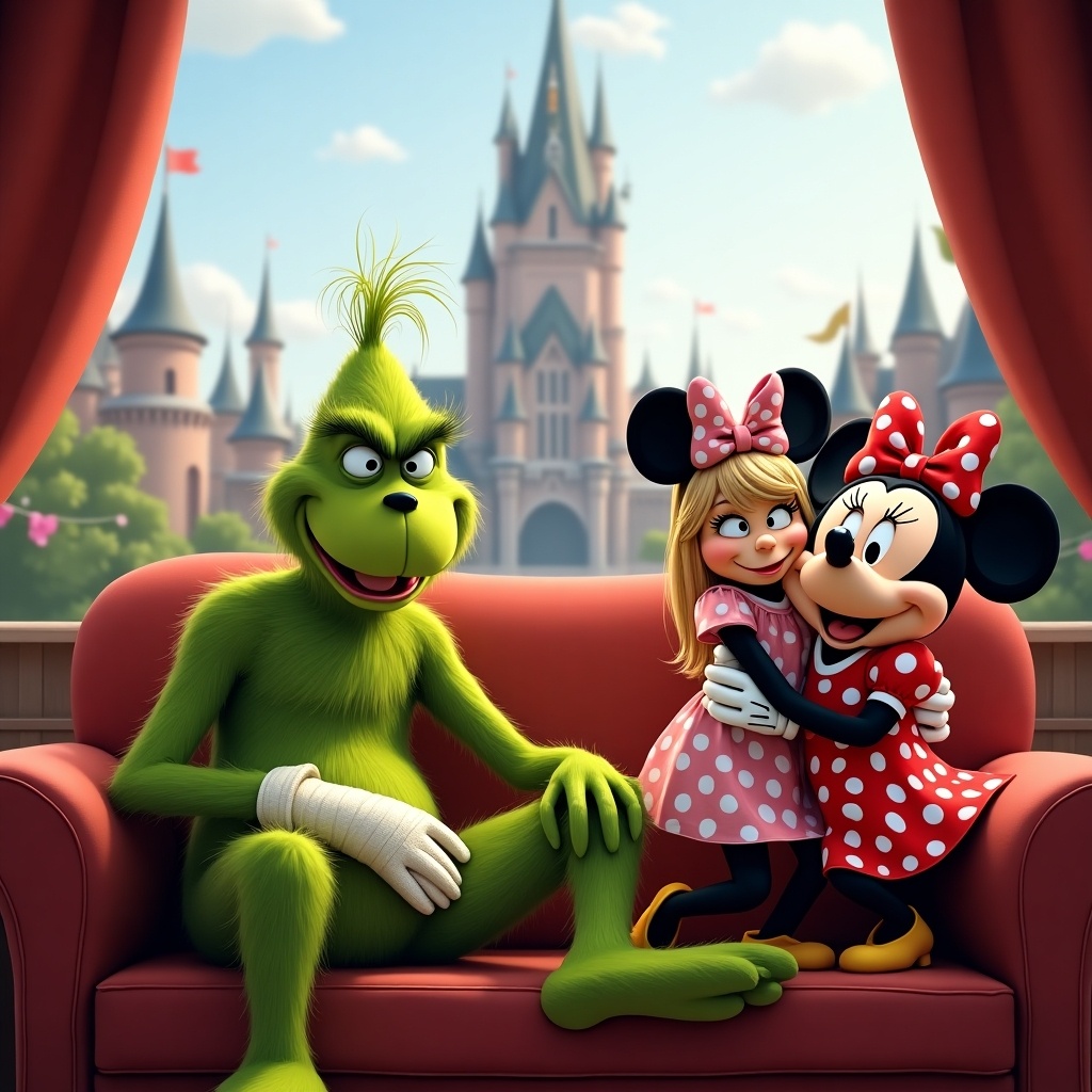 A whimsical scene featuring animated characters. The Grinch appears cheerful. Minnie Mouse wears a red polka dot dress and hugs a character. A fantasy castle serves as the backdrop.