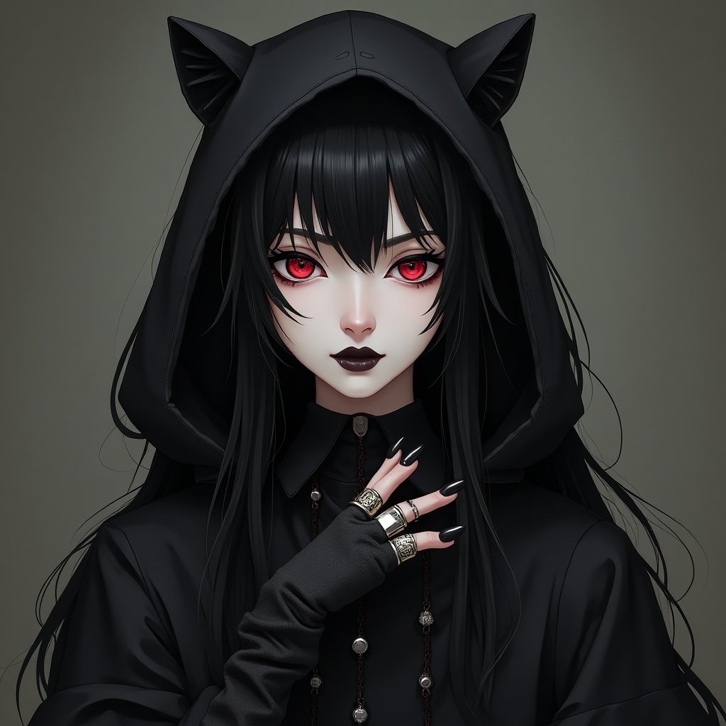 Black pretty female character with black hair in goth feminine outfit and sacred ring. The character has red eyes and wears a hood.