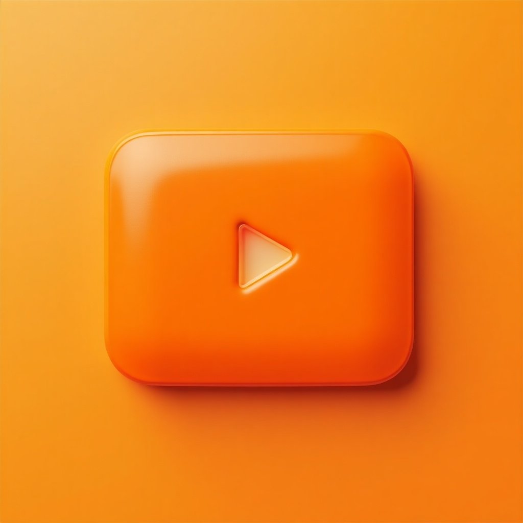 3D icon in orange color with glossy finish. Modern and minimalistic design featuring a video play button. High detail with futuristic lighting. Soft reflections and warm tones. Elegant and clean style. Centered composition.