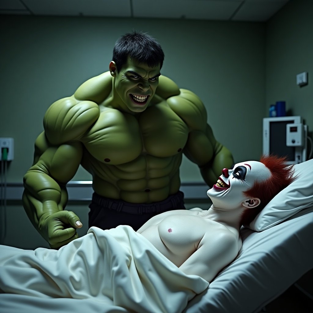 Massive Hulk character stands by a hospital bed. A grinning clown figure lies under a blanket looking weak. Dimly lit room with medical equipment. Theme of care versus playful sinister demeanor. Full body view, wide angle.