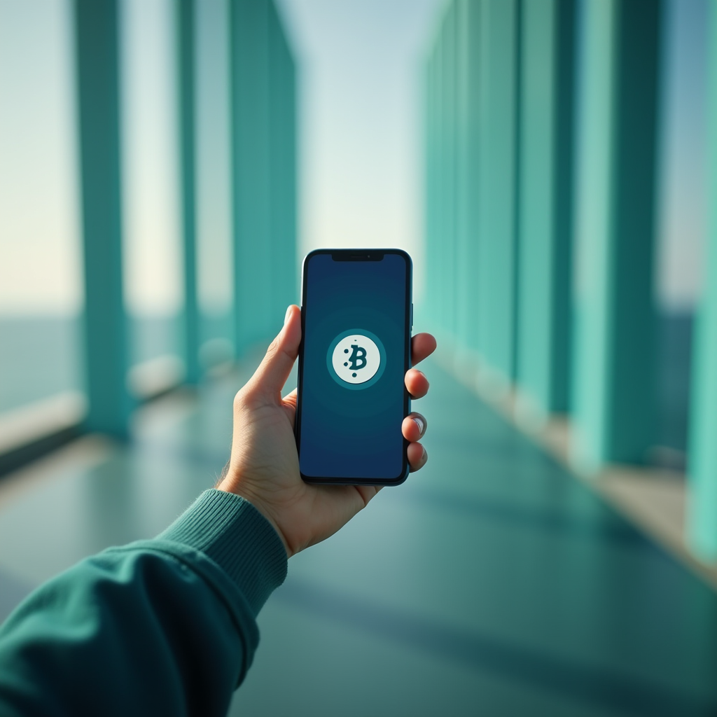 A hand holding a smartphone displaying a cryptocurrency symbol against a backdrop of teal architectural pillars.