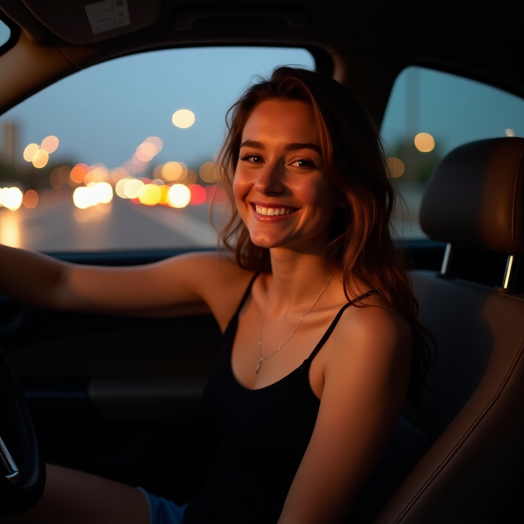 A smiling young woman sits in the driver's seat of a car. City lights glow outside. The woman wears a black tank top. The atmosphere is warm and inviting.