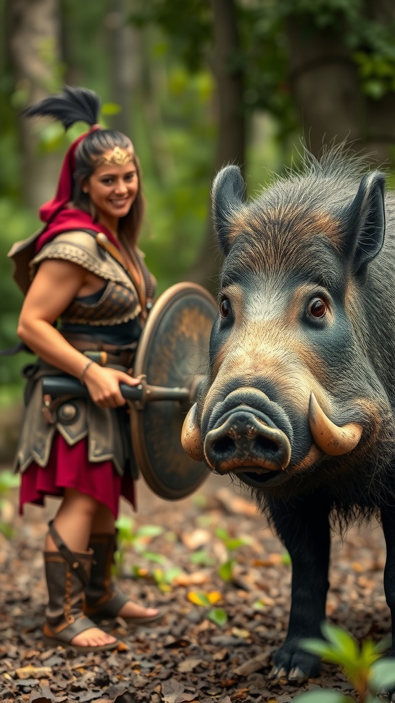 A woman clad in warrior attire stands beside a majestic wild boar in a lush forest setting. She wears a detailed costume complete with a shield, imitating a historical or mythological style. The boar is in sharp focus, displaying its powerful tusks and expressive eyes. The backdrop of vibrant green leaves and soft forest light adds a mystical ambiance to the scene.