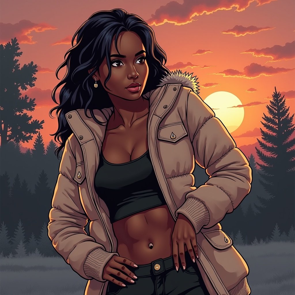 The image features a stylish woman named Aniya, who is playfully added to the naughty list. She is wearing a fashionable beige jacket with a fur-lined hood and a black crop top, showcasing her confidence. The sunset in the background casts a warm orange glow, creating a dynamic contrast with the lush green forest behind her. Aniya's long dark hair flows freely, and she poses with a playful smirk. The scene evokes a sense of fun and adventure, perfect for a seasonal theme.