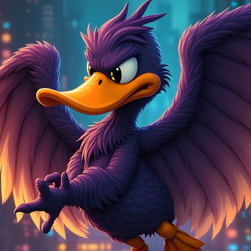 A purple duck-like bird with a strong appearance. The character has dramatic wings and a fierce expression. Background features a vibrant cityscape with glowing lights.