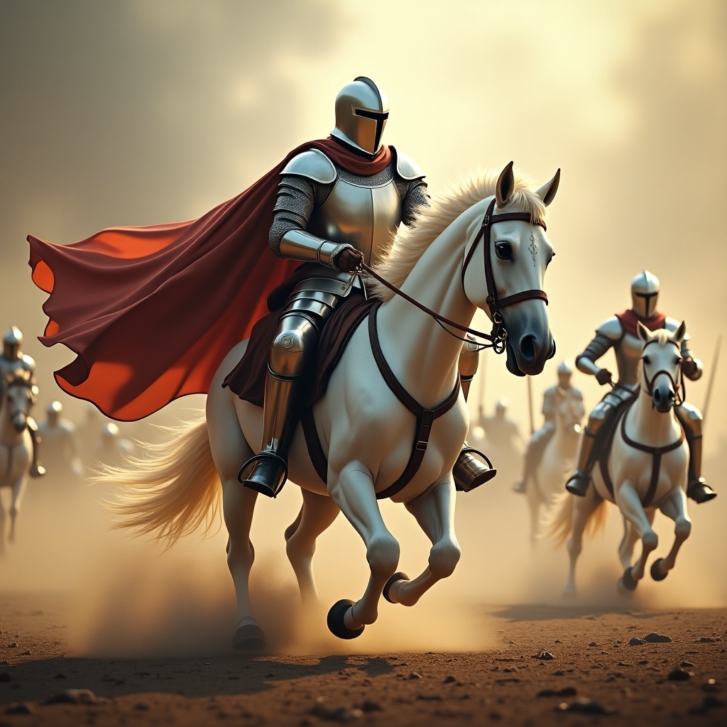 In a dramatic scene set in a war zone, a knight wearing a shining armor and a flowing red cape rides a majestic white horse. The knight, with a determined expression, leads a troop of similarly armored soldiers also mounted on horses. Dust is kicked up from the ground, adding to the intensity of the moment. The background is slightly blurred, focusing the viewer's attention on the knight and his horse as they charge into battle. This image captures the essence of bravery and adventure in a medieval setting.