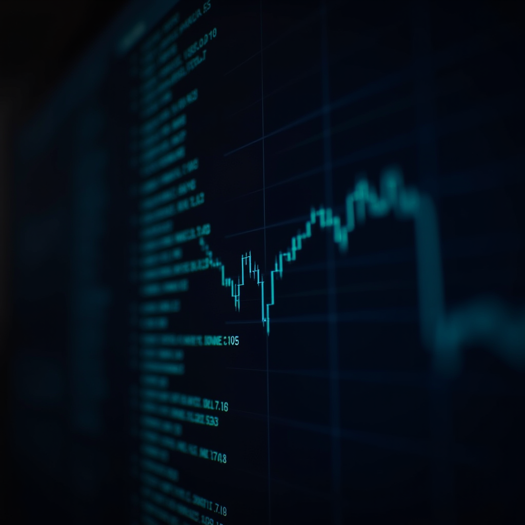 A digital screen displaying a financial graph with fluctuating blue lines accompanied by numerical data.