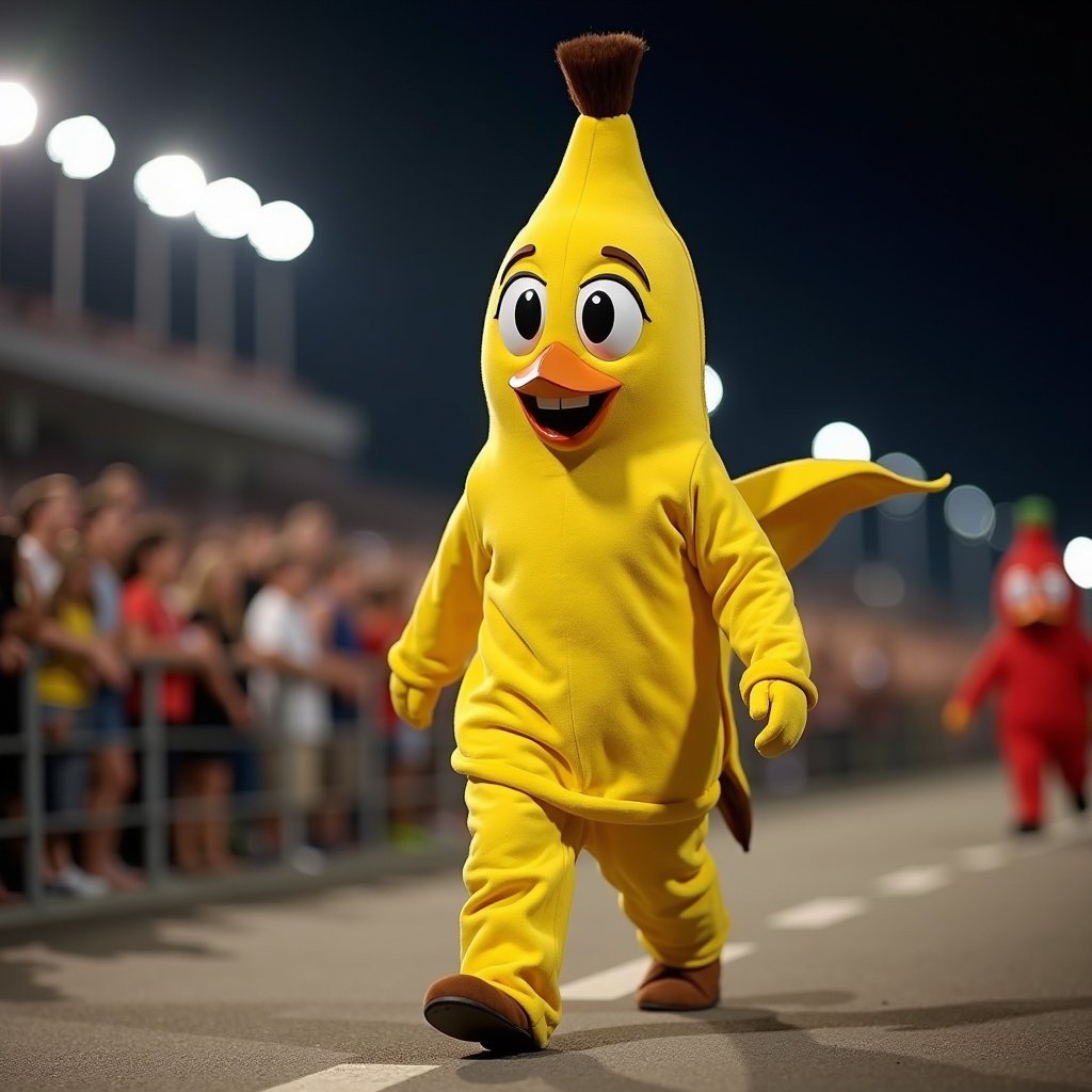 The image features a vibrant banana character dressed in a playful banana-themed costume, complete with a yellow shirt that resembles a banana peel. This character is walking gracefully down a runway, showcasing its charming and expressive large eyes that captivate the audience. In the background, a lively crowd watches the parade, illuminated by bright racetrack lights. Next to the banana character, there's also a strawberry-themed character in a similar funny costume, adding to the festive atmosphere. The whole scene portrays a cheerful and engaging event, perfect for entertainment. The lighting enhances the colorful costumes and the excitement of the audience.