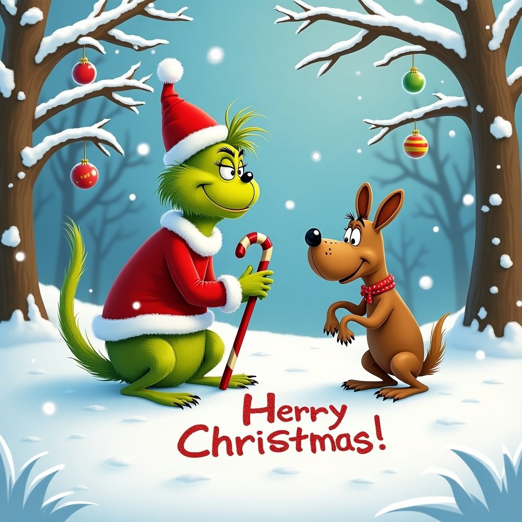 Whimsical wintry scene with Grinch in red Santa attire and his dog Max. Snow-covered ground with falling snowflakes. Trees decorated with Christmas ornaments. Cheerful atmosphere depicting holiday spirit.