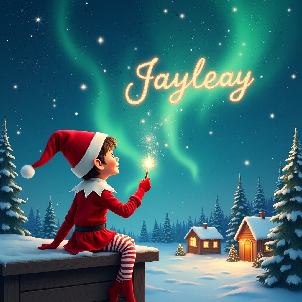 An elf sits on a wooden ledge with its back to the camera, gazing at a magical sky. Dressed in a red outfit with a pointed hat, the elf holds a sparkling wand. With the wand, the elf writes the name ‘Jayleigh' in the starry sky. The scene is painted with a snowy landscape, charming little houses, and evergreen trees under shimmering Northern Lights. This whimsical depiction captures the essence of childhood magic and Christmas cheer. The elf elegantly adds the names 'Leslie' and 'Tim' in the same starry sky, enriching the magical atmosphere.