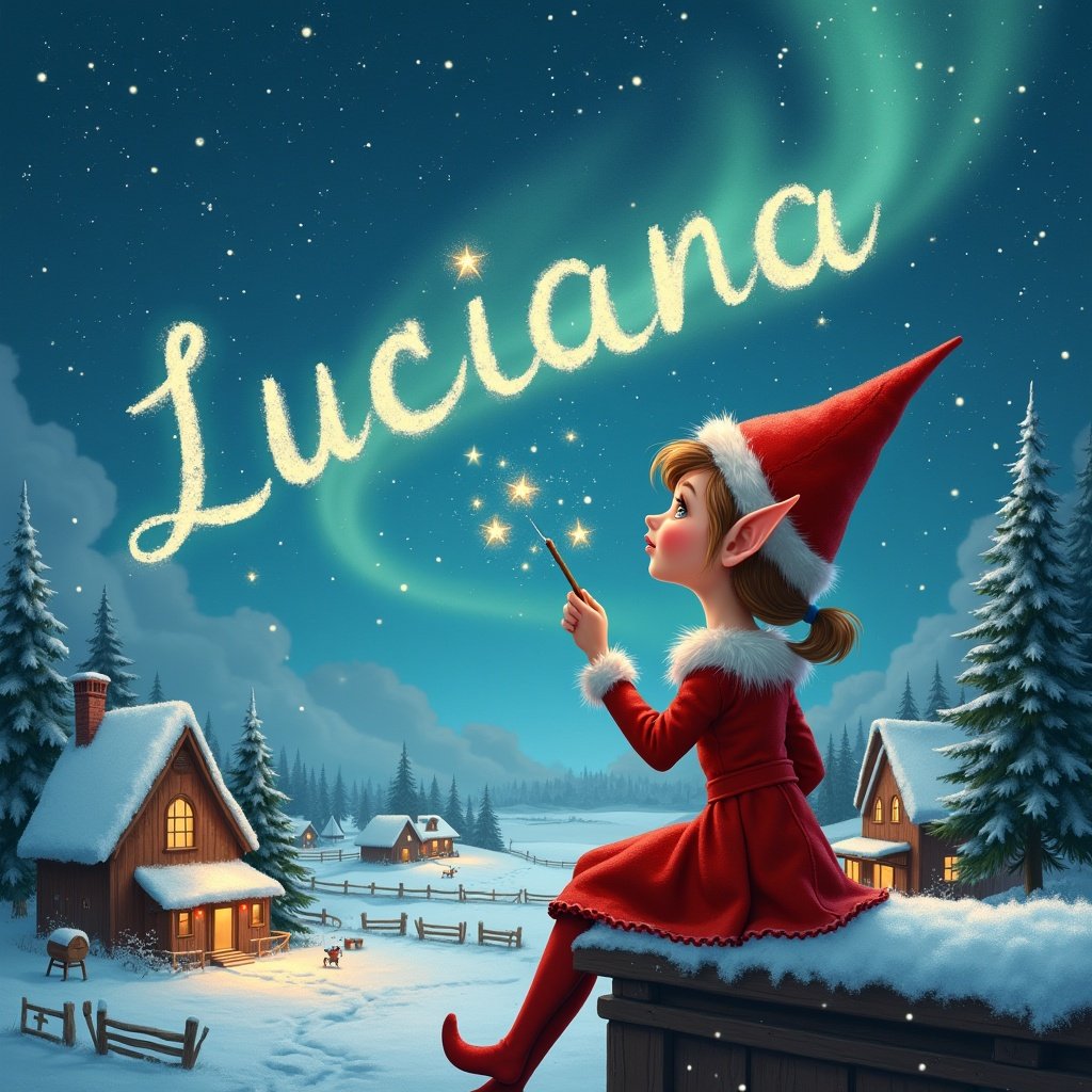 A girl elf sits on a wooden ledge. She looks back at a magical sky. She wears a red dress and a pointed hat. She holds a wand and writes the name Luciana in the stars. The background features a snowy landscape with charming houses and evergreen trees. Shimmering Northern Lights illuminate the scene. The artwork captures the joy of childhood and the festive spirit of Christmas.